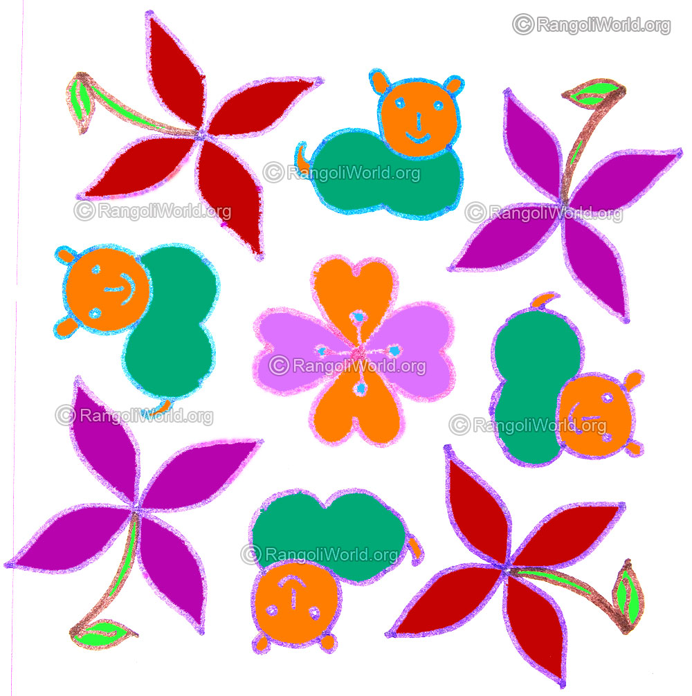 Flower with puppy cat kolam may1 2015