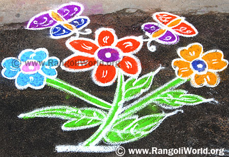 Freehand Rangoli with butterfly on flowers