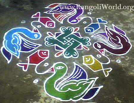 freehand rangoli with dove and fish