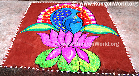 Peacock on lotus flower Freehand Rangoli