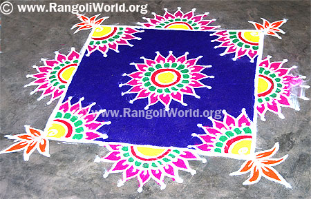 Square Freehand Rangoli with pink flowers