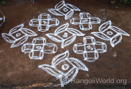 Swastika flower rangoli kolam with dots mar