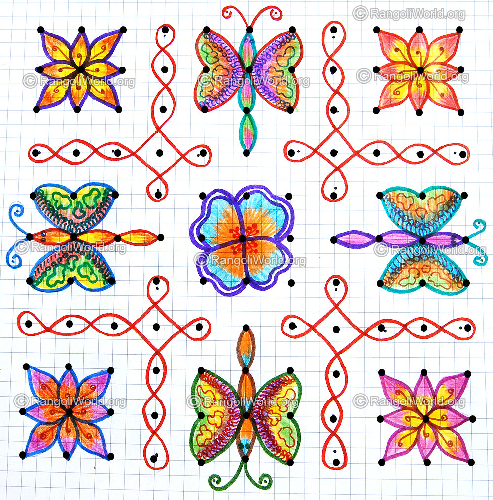 Butterfly flower sikku kolam jan 2015 with dots