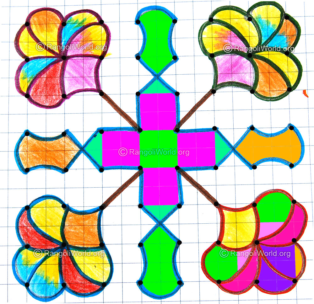 Colorful flower kolam jan 2015 with dots