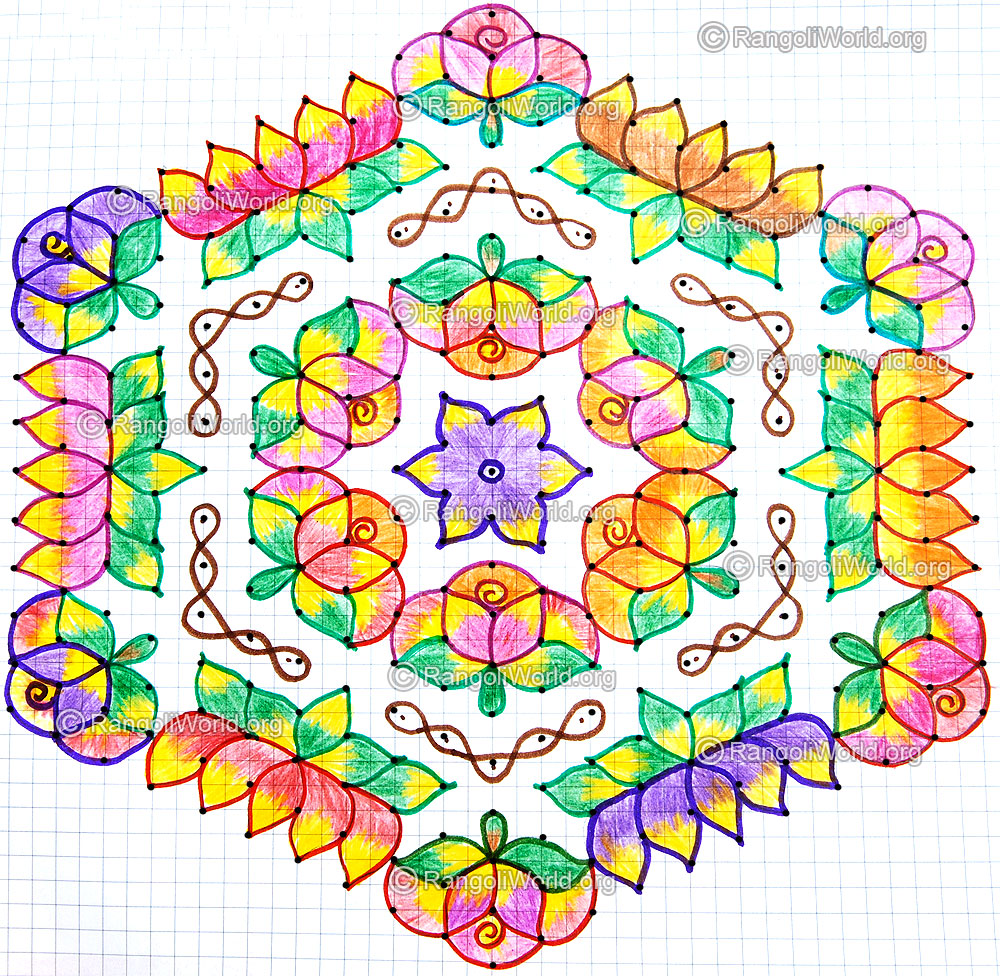 Colorful lotus with rose kolam with dots