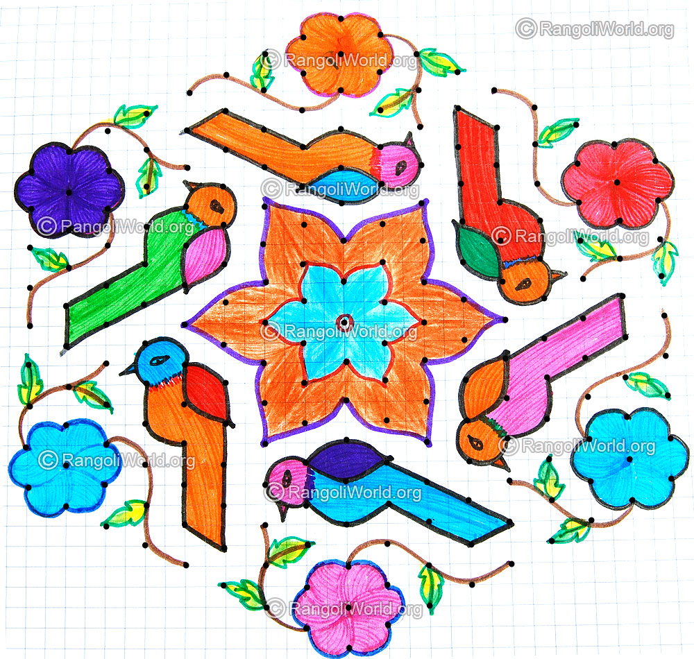 Colorful parrot kolam jan 2015 with dots