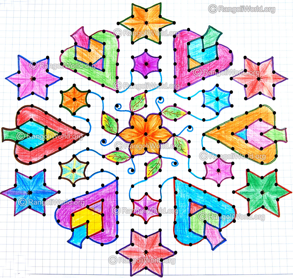 Colorful star kolam with dots