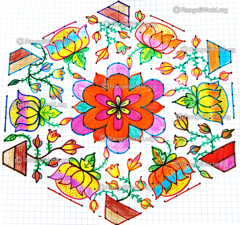 Lotus and flower plant kolam with dots