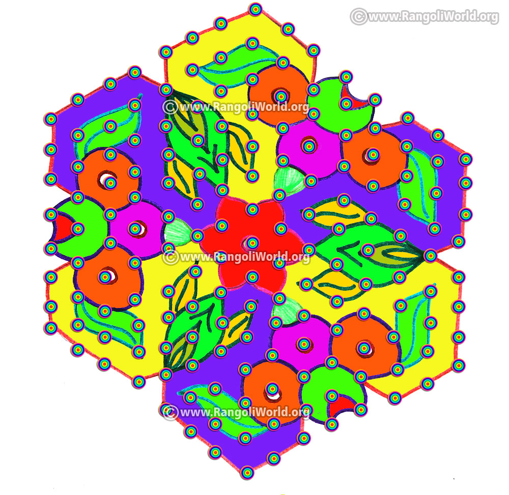 Colourful flower star kolam design jan 2017 with dots