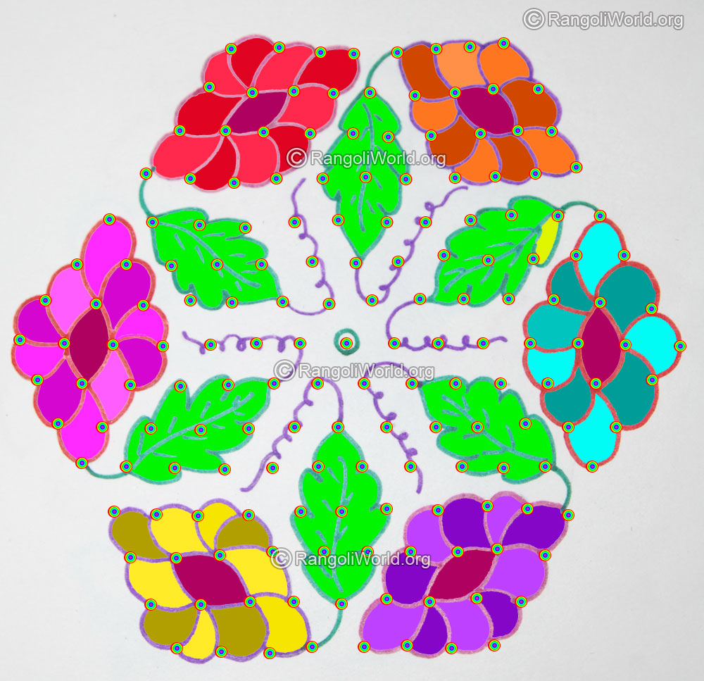 Colorful flowers leaf kolam with 15 interlaced dots jan 2016