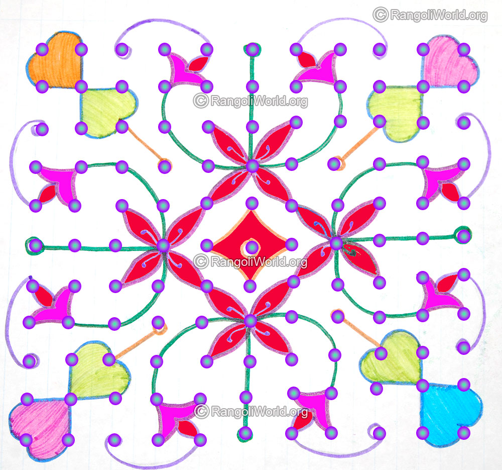Simple flowers poo kolam with 11 parallel dots jan 2016