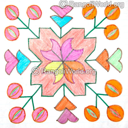 Easy flowers buds kolam with 11 parallel dots jan 2016