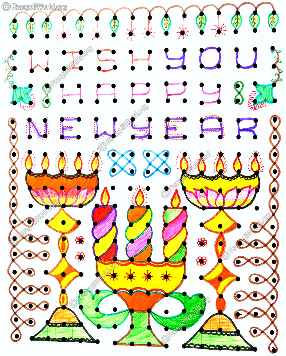 Wish you happy new year kolam with candles and detailed dots