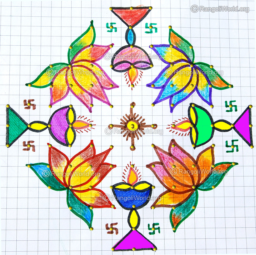 Kuthu vilakku lotus flower pooja kolam with dots