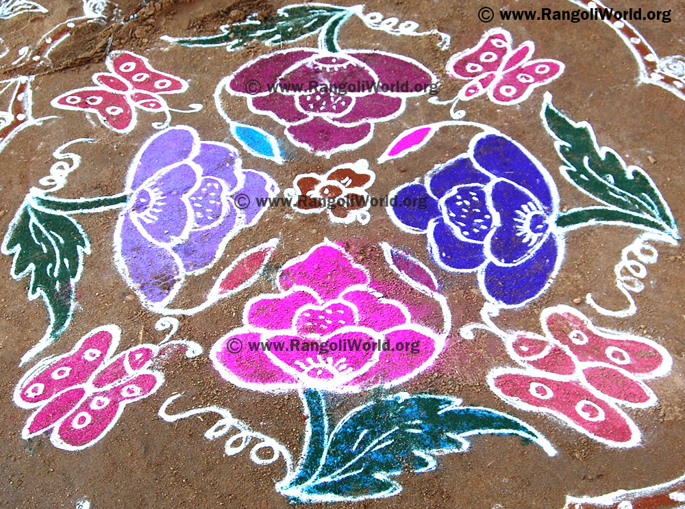 Butterfly and rose plant kolam