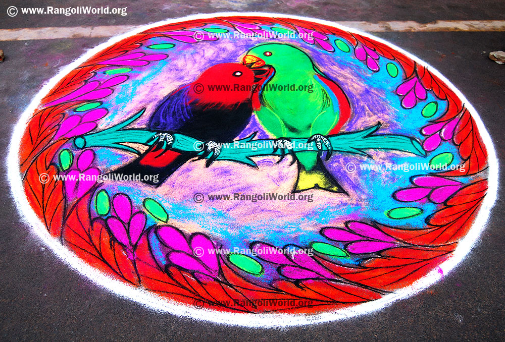 Parrot Rangoli Jan 20 2014 with red and green color theme