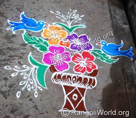 Flower Pot with Flowers and Birds Rangoli