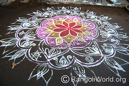Freehand Rangoli with two stripes Lotus Flower