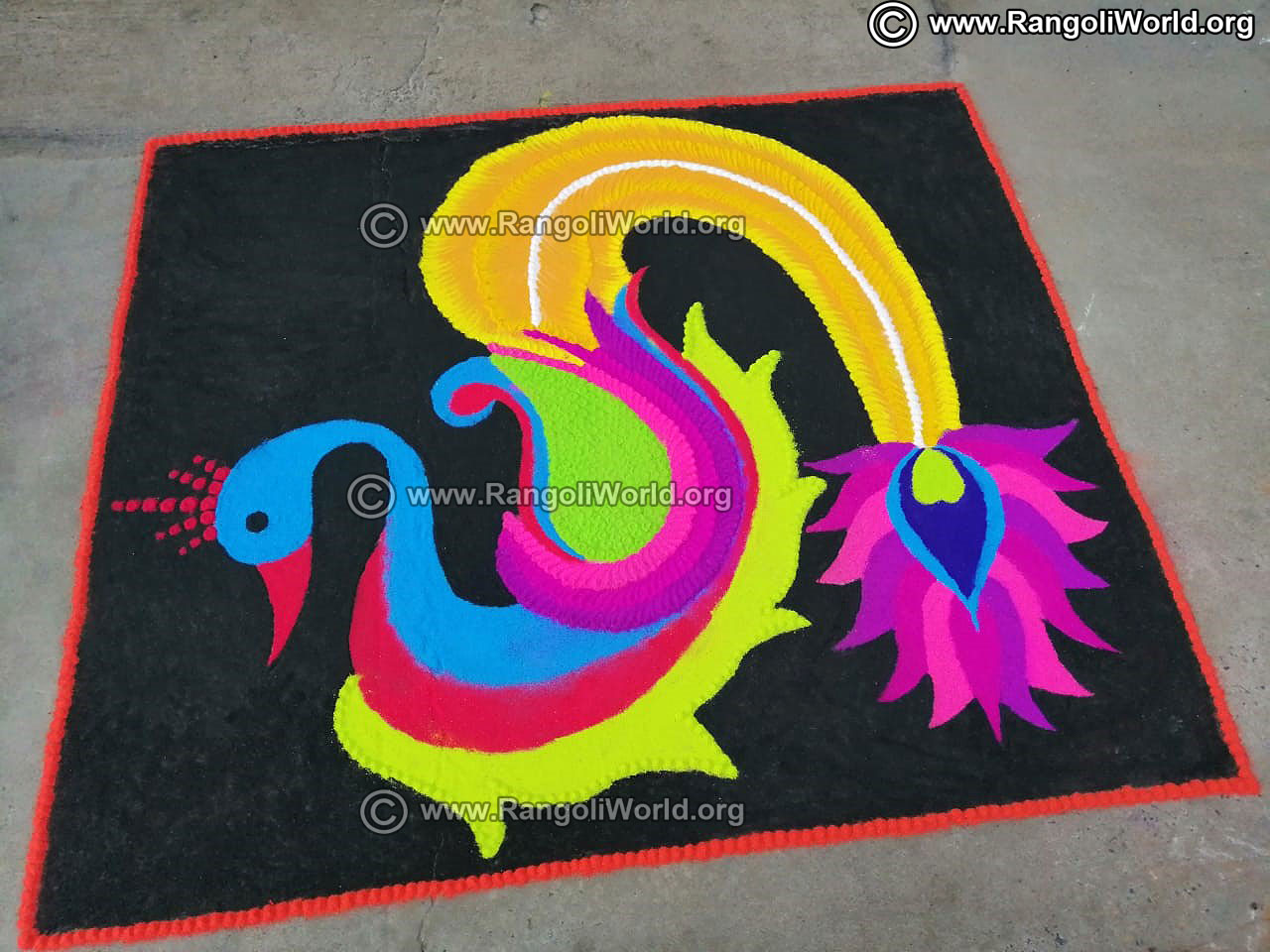 Colourful Peacock freehand street rangoli design | Rangoli designs ...