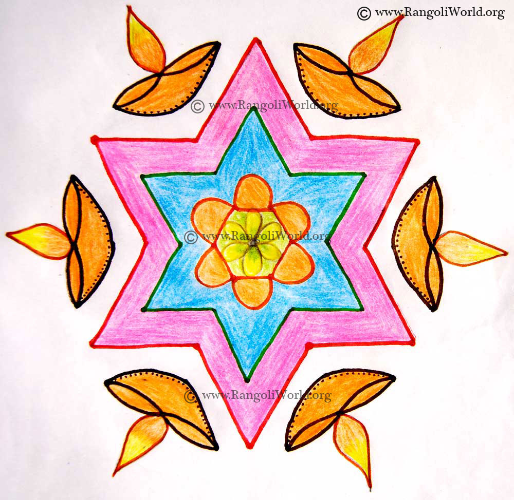 Deepam And Star Flowers Kolam5 | 13 - 7 Interlaced Dots[Idukku pulli]