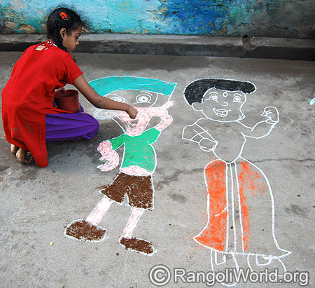 Little girl drawing Chota bheem Rangoli
