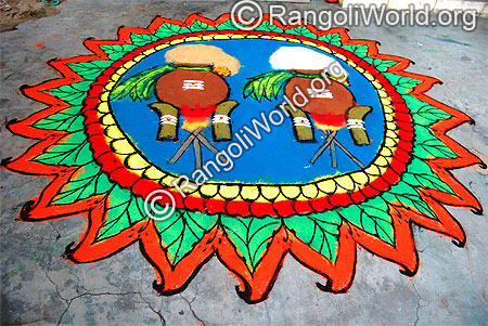 Pongal festival rangoli with two pongal pots